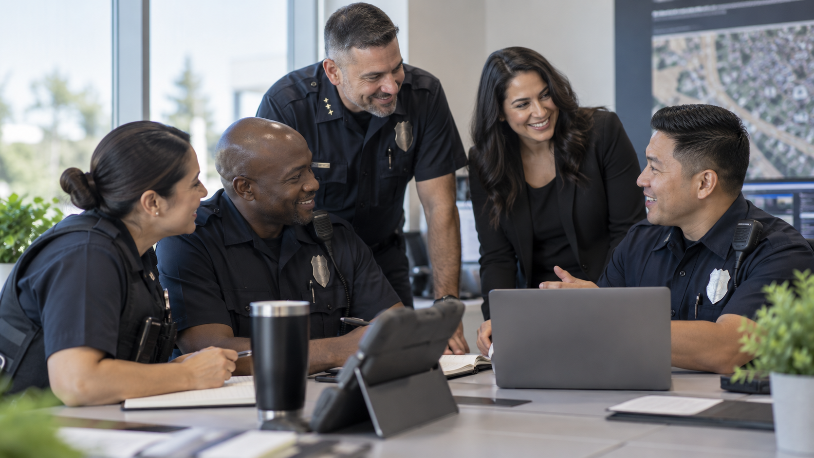 Law enforcement professionals collaborating in a positive workplace environment